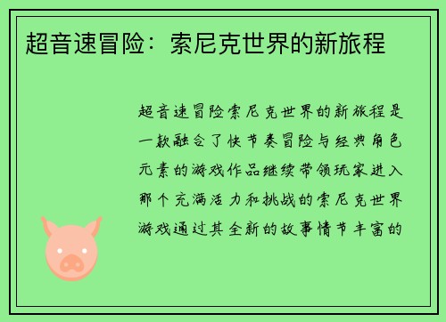 超音速冒险：索尼克世界的新旅程